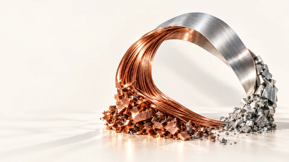 Concept visual of copper offcuts and aluminium transforming into a continuous loop