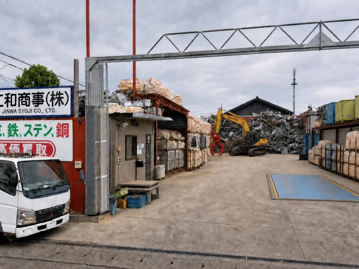 仁和商事株式会社 厚木ヤード入口の看板と搬入口